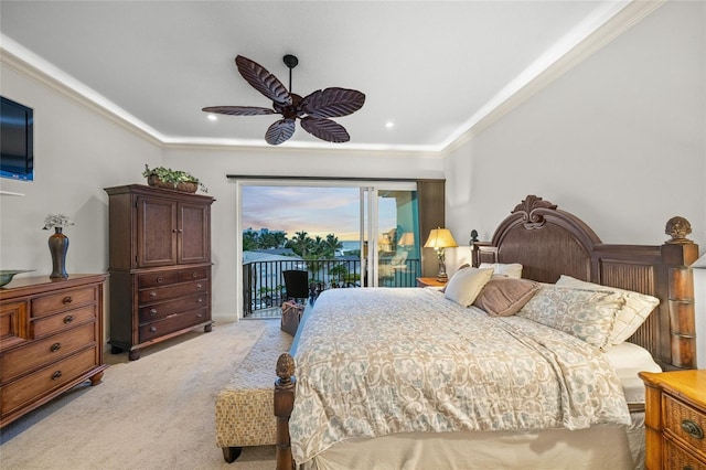 carpeted bedroom featuring ornamental molding, access to exterior, and ceiling fan