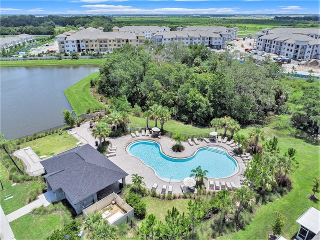 drone / aerial view featuring a water view