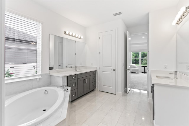 bathroom featuring a bath, visible vents, two vanities, and a sink