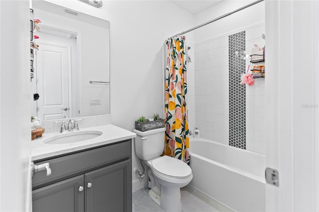 full bathroom with toilet, vanity, shower / tub combo with curtain, and tile patterned flooring