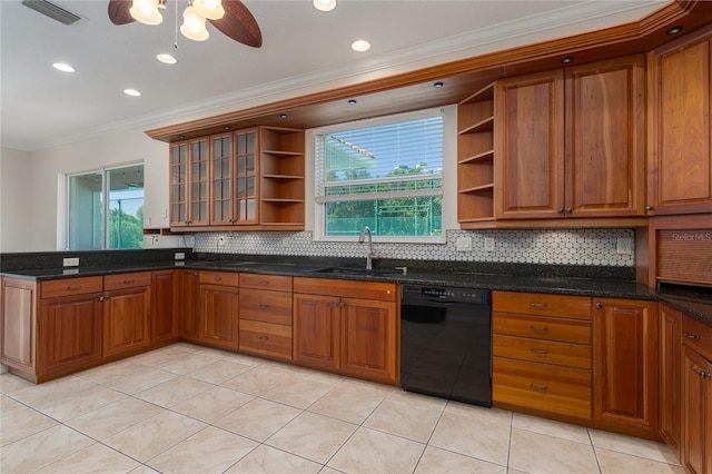 kitchen with light tile patterned flooring, tasteful backsplash, ceiling fan, sink, and dishwasher