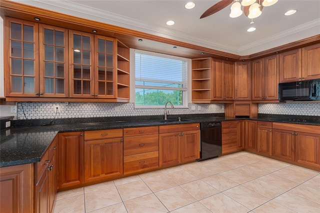 kitchen featuring black appliances, ceiling fan, dark stone countertops, light tile patterned floors, and backsplash