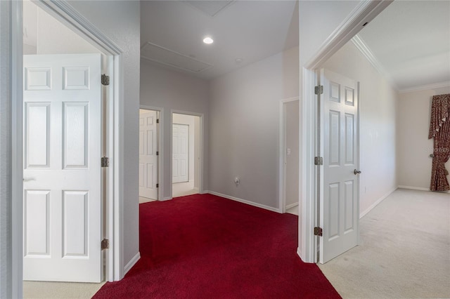 corridor featuring ornamental molding and carpet flooring