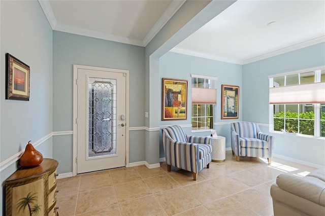 tiled entrance foyer with ornamental molding