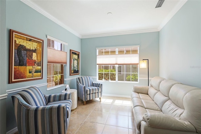 living room featuring ornamental molding and light tile patterned flooring