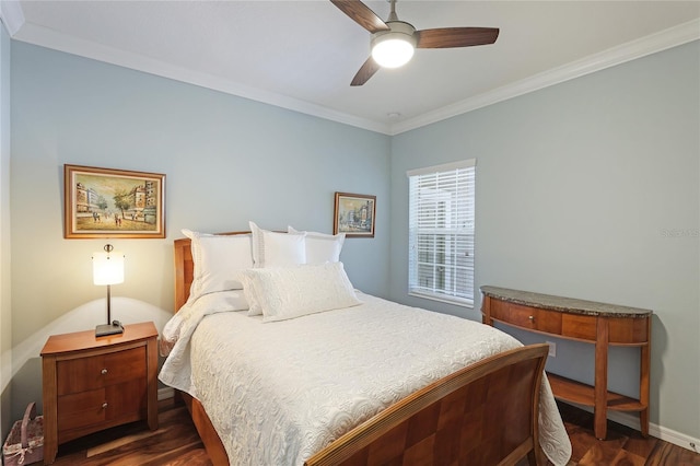 bedroom with dark hardwood / wood-style flooring, crown molding, and ceiling fan