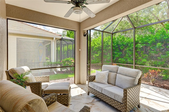 sunroom / solarium with ceiling fan