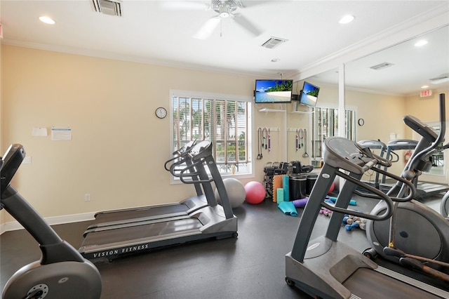 gym with ceiling fan and ornamental molding