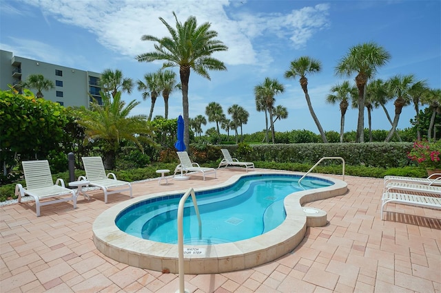 view of pool featuring a jacuzzi and a patio area