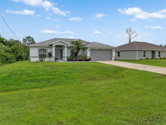 ranch-style home featuring a garage and a front yard