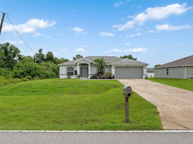 ranch-style home with a garage and a front lawn