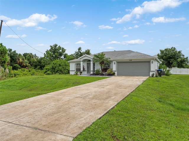 ranch-style house with a garage and a front lawn