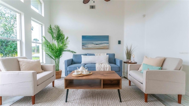 living room featuring ceiling fan