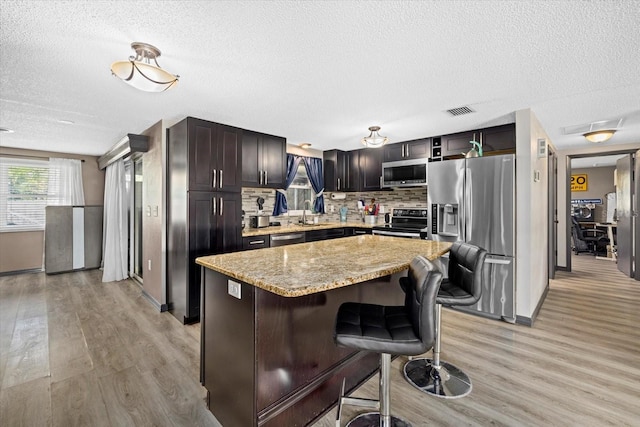 kitchen featuring stainless steel appliances, a breakfast bar, a sink, visible vents, and backsplash