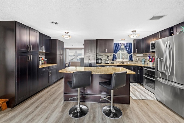 kitchen featuring visible vents, appliances with stainless steel finishes, a breakfast bar, a center island, and a sink