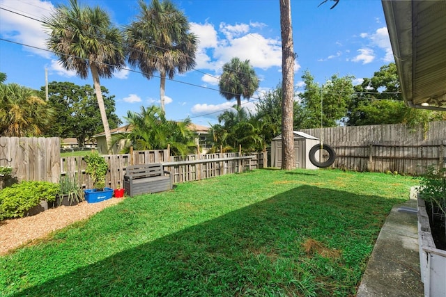 view of yard with an outbuilding, a fenced backyard, and a storage shed