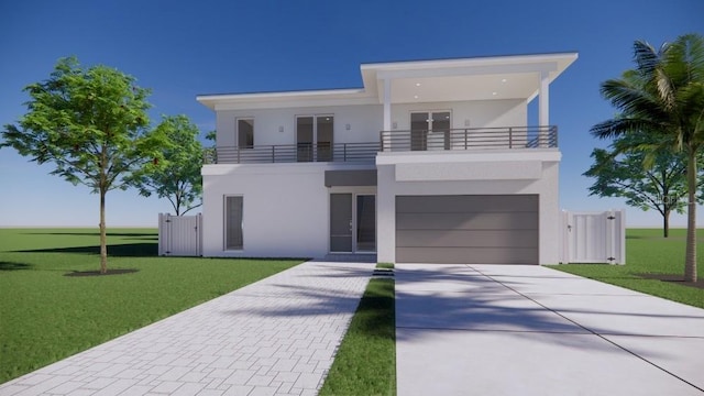 modern home with a balcony, a garage, and a front lawn