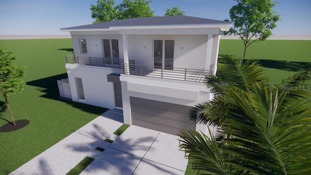 view of front of home featuring a balcony, a patio, and a front lawn