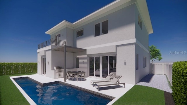 rear view of house with a balcony, area for grilling, a patio, and a fenced in pool