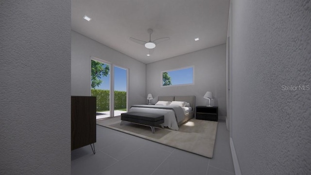 bedroom with tile patterned flooring, access to outside, and ceiling fan