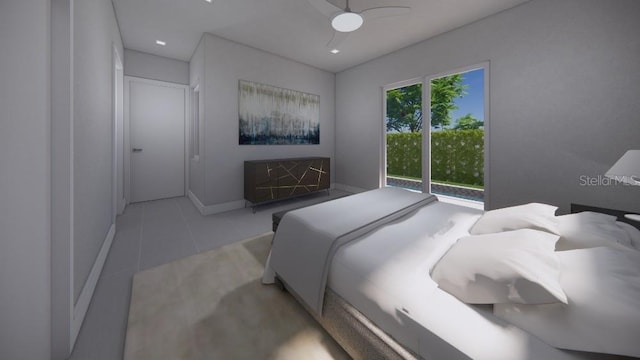 tiled bedroom featuring multiple windows and ceiling fan