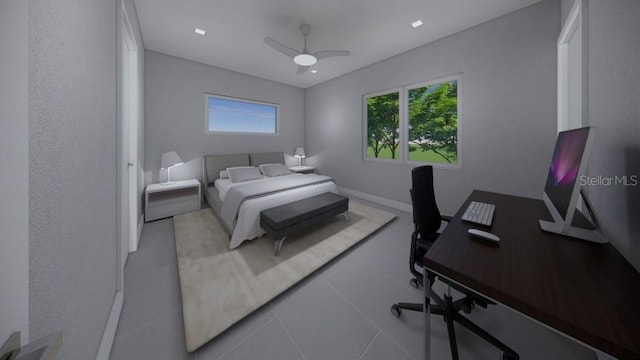 bedroom with ceiling fan and tile patterned floors