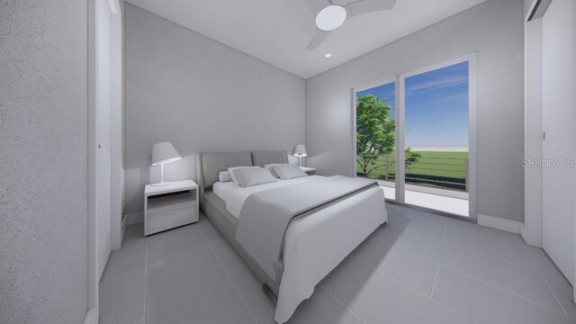 2516 Browning St, Sarasota, FL 34237 - tiled bedroom with a ceiling fan, vaulted ceiling, and access to exterior