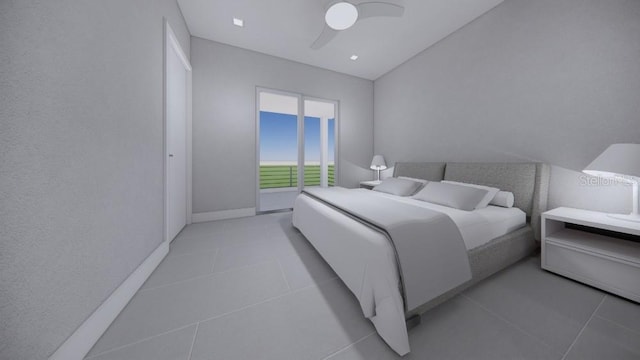 bedroom with light tile patterned flooring and ceiling fan