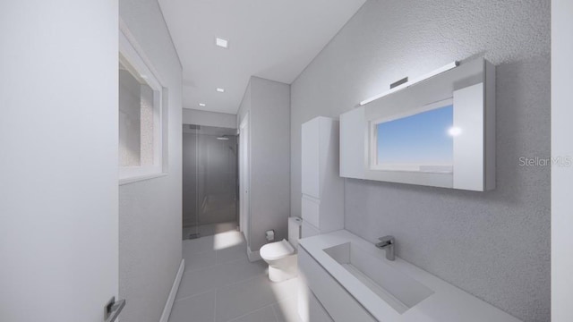 bathroom featuring a shower, tile patterned flooring, and toilet