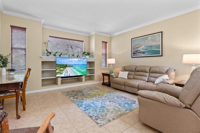 tiled living room with crown molding and built in shelves