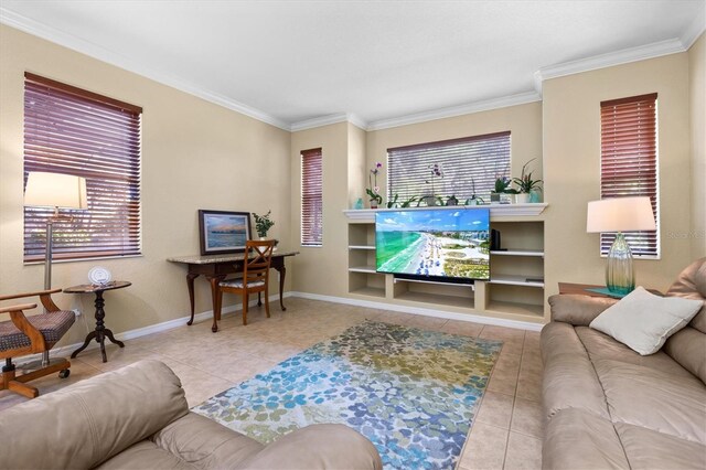 tiled living room featuring ornamental molding