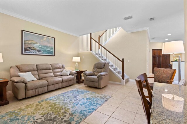 living room with crown molding