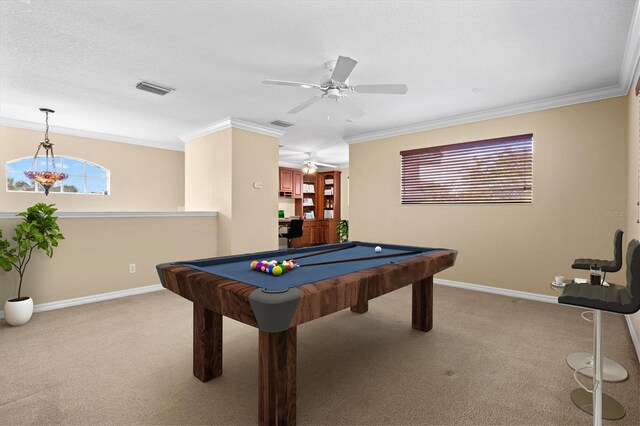 playroom featuring carpet, pool table, crown molding, a textured ceiling, and ceiling fan