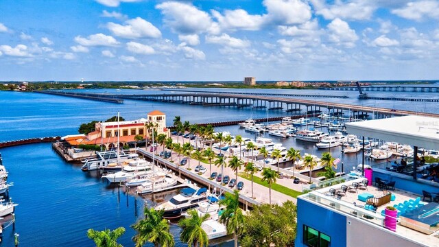 drone / aerial view with a water view