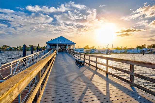 dock area featuring a water view and a gazebo