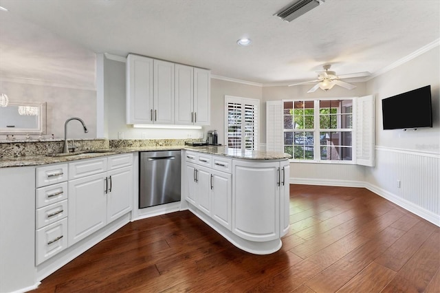 kitchen featuring white cabinetry, stainless steel dishwasher, kitchen peninsula, and sink