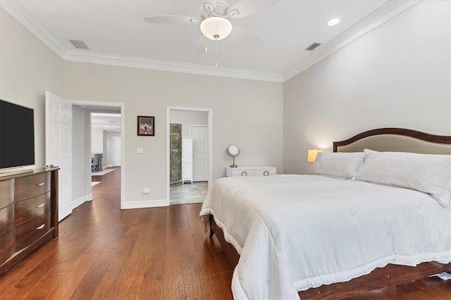 bedroom featuring dark hardwood / wood-style flooring, ornamental molding, and ceiling fan