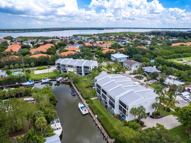 drone / aerial view featuring a water view