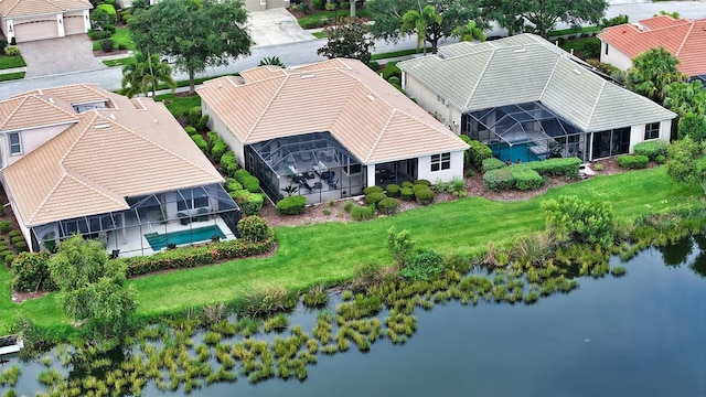 drone / aerial view featuring a water view