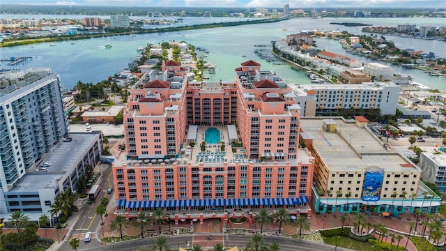 bird's eye view with a water view