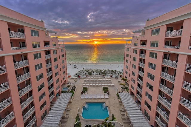 exterior space featuring a beach view