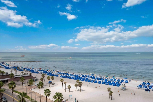 view of water feature with a beach view