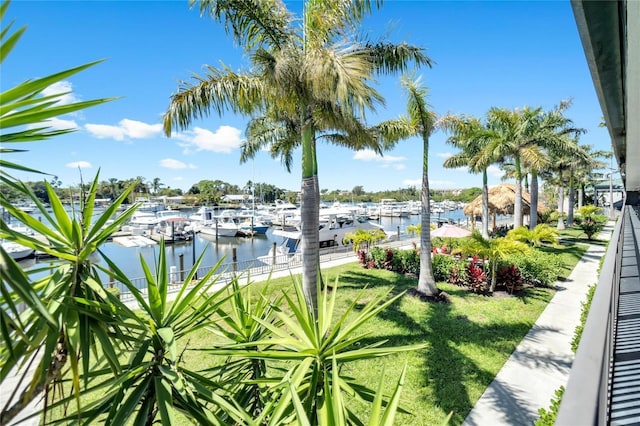 water view featuring a dock