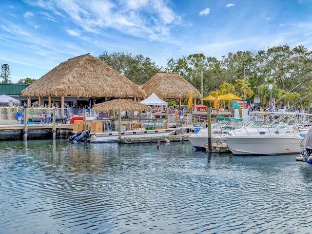 dock area featuring a water view and a gazebo