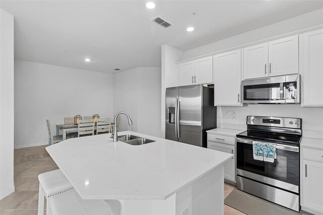 kitchen with appliances with stainless steel finishes, white cabinetry, sink, and an island with sink