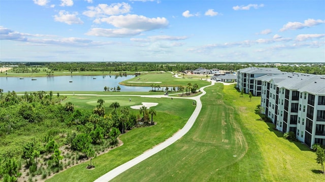 bird's eye view with golf course view and a water view