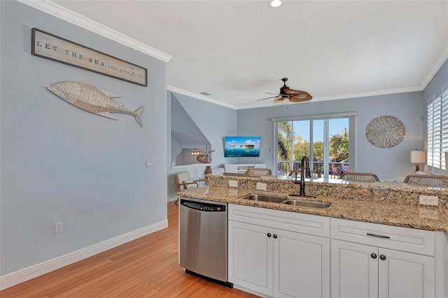 kitchen with light hardwood / wood-style flooring, sink, white cabinetry, dishwasher, and ornamental molding