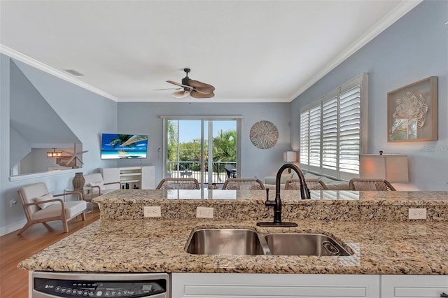 kitchen with crown molding, ceiling fan, light stone countertops, wood-type flooring, and sink