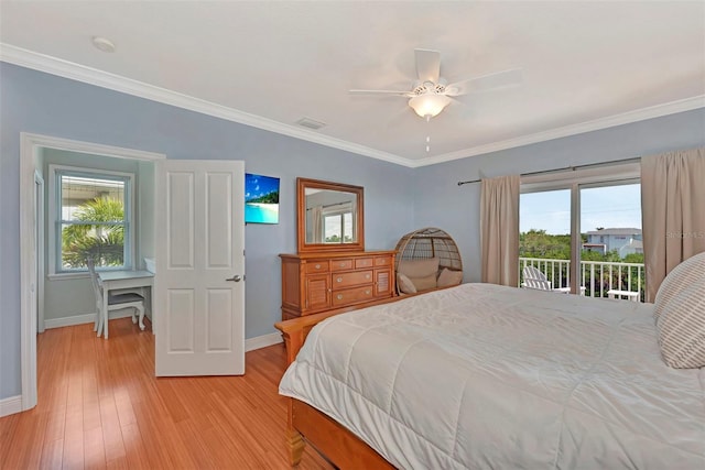 bedroom featuring ornamental molding, light hardwood / wood-style flooring, access to outside, and ceiling fan