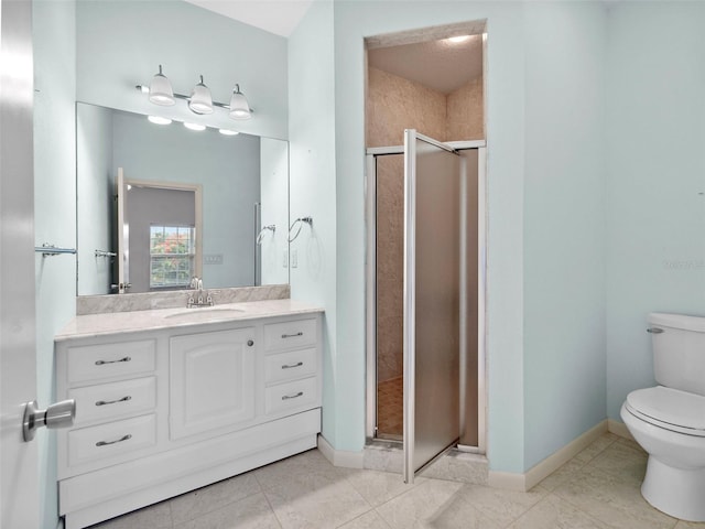 bathroom with tile patterned floors, vanity, walk in shower, and toilet